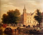 巴斯勒莫斯 约翰内斯 范 霍夫 : A Sunlit Townview With Figures Gathered On A Square Along A Canal